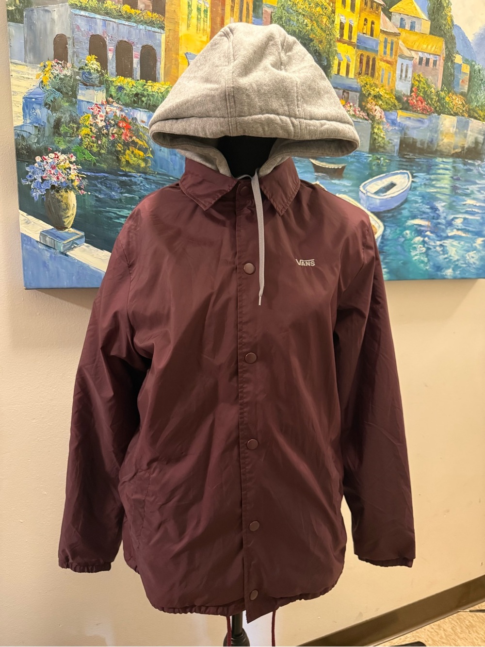 Vans Men's Maroon Windbreaker Jacket with Grey Hood